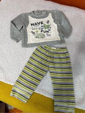 Gray Top & Striped Green-Purple Pants Kids Set